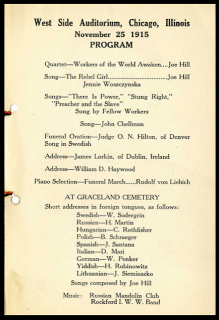 Joe Hill Funeral Program page 3, Chicago Nov 25, 1915, black border.png