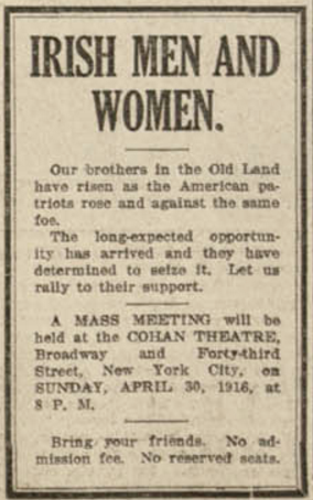 Easter Rising, Ad for NYC mass mtg, Gaelic American, Apr 29, 1916.png