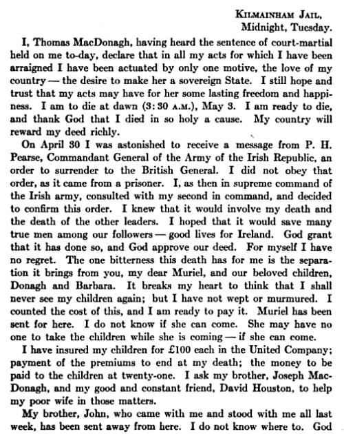 Irish Rebels of 1916, Letter of Thomas MacDonagh to wife, 1.png