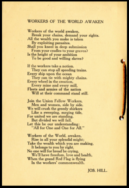 Joe Hill Funeral program page 4, Chicago Nov 25, 1915, black border, words clear.png