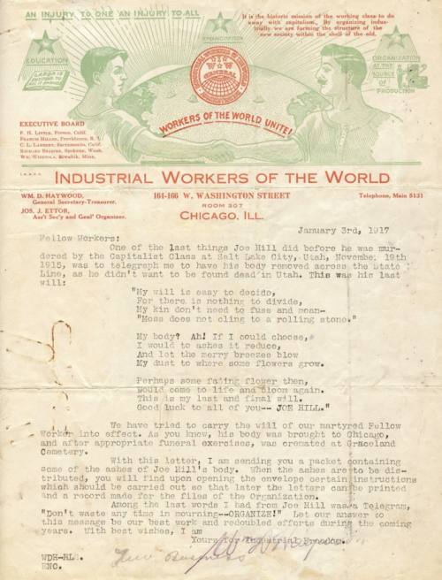 Joe Hill, Haywood's letter re ashes, Jan 3, 1917.png