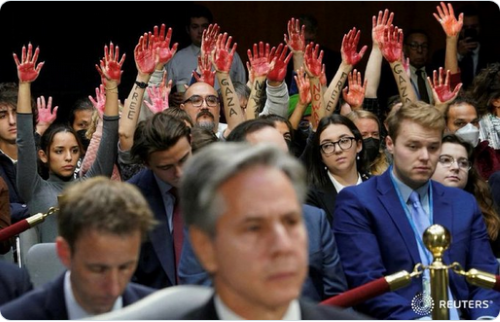 Screenshot 2023-11-04 at 10-26-54 Code Pink protesters with ‘bloodied’ hands SHRIEK at ‘murderer’ Blinken during Senate hearing.png