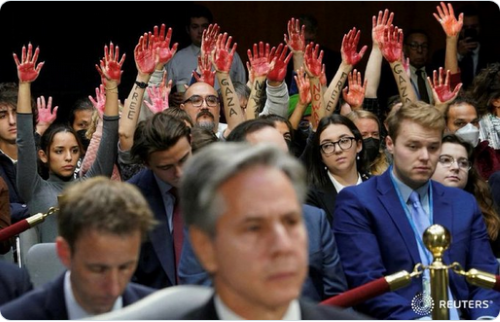 Screenshot 2023-11-04 at 10-26-54 Code Pink protesters with ‘bloodied’ hands SHRIEK at ‘murderer’ Blinken during Senate hearing_0.png